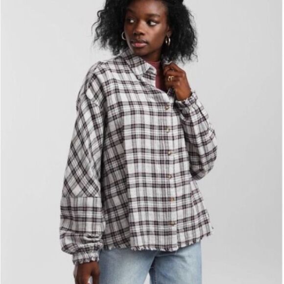 Gilded Intent Women’s L Frayed Flannel Shirt Plaid black, gray, burgundy NWT - Picture 2 of 13